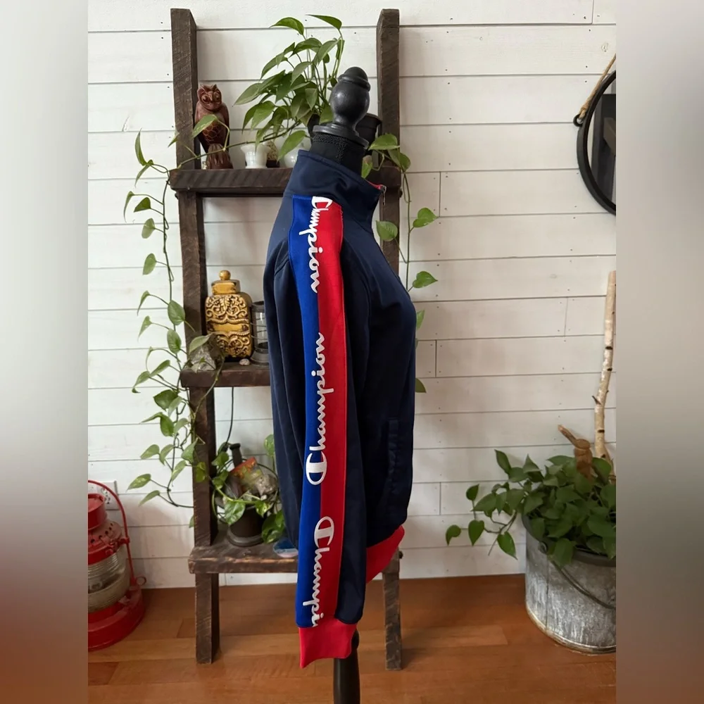 Champion Navy Blue and Red Zip-Up Jacket with Iconic Logo On Front Unisex